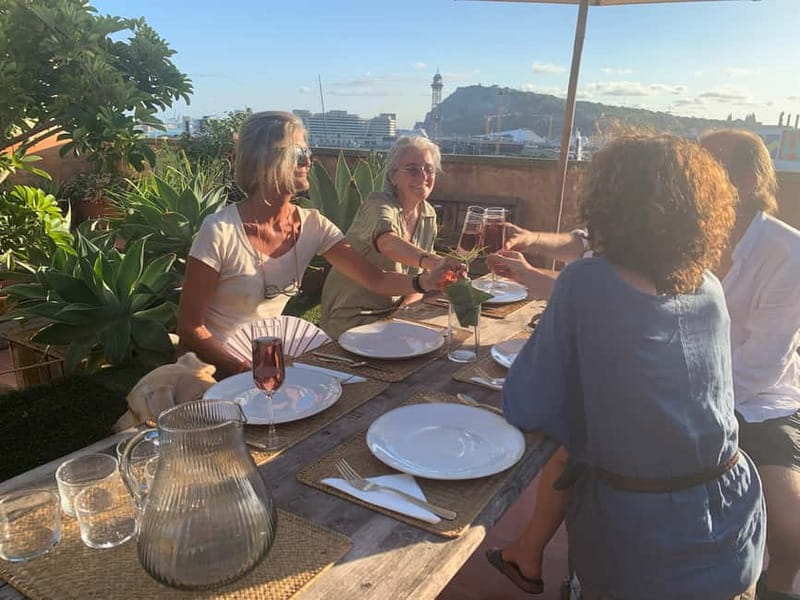 Barcelona: Paella Seafood Master Cooking Class with Sangria - Eating on the rooftop above Port Vell