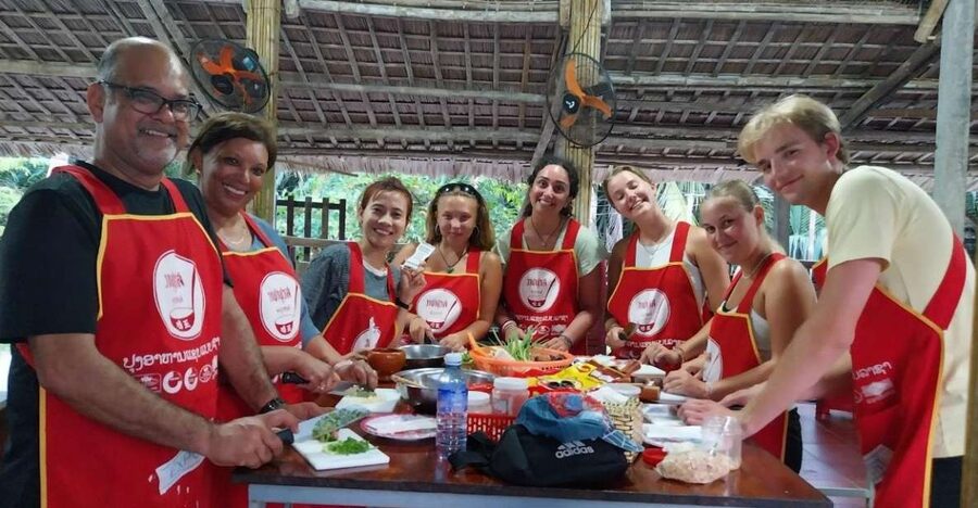 Hoi An Vegan Cooking School with Local Chef and Basket Boat - Eating your own meal with tea and coconut jam