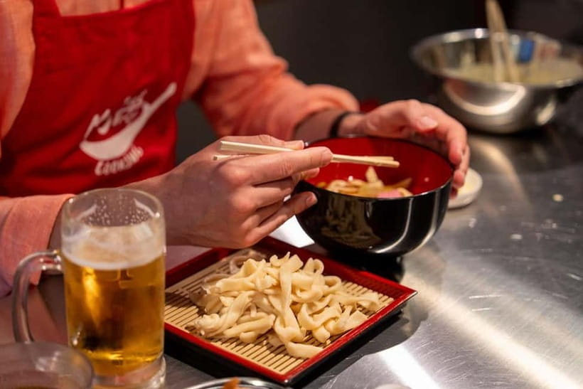 Kyoto Udon & Tempura Cooking Class with Professional Chefs - Eating the meal you prepared