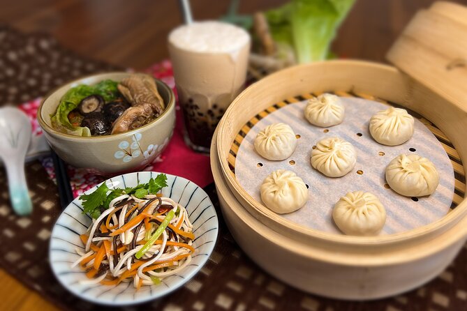 Xiao Long Bao, Chicken vermicelli with mushroom and sesame oil, Tofu strips salad, Bubble milk tea. Taiwan Traditional Delicacies Experience-A (Taipei Cooking Class) - What the Taipei cooking class is really like