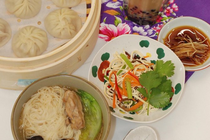 Xiao Long Bao, Chicken vermicelli with mushroom and sesame oil, Tofu strips salad, Bubble milk tea. Taiwan Traditional Delicacies Experience-A (Taipei Cooking Class) - Understanding the three listed Taipei stops